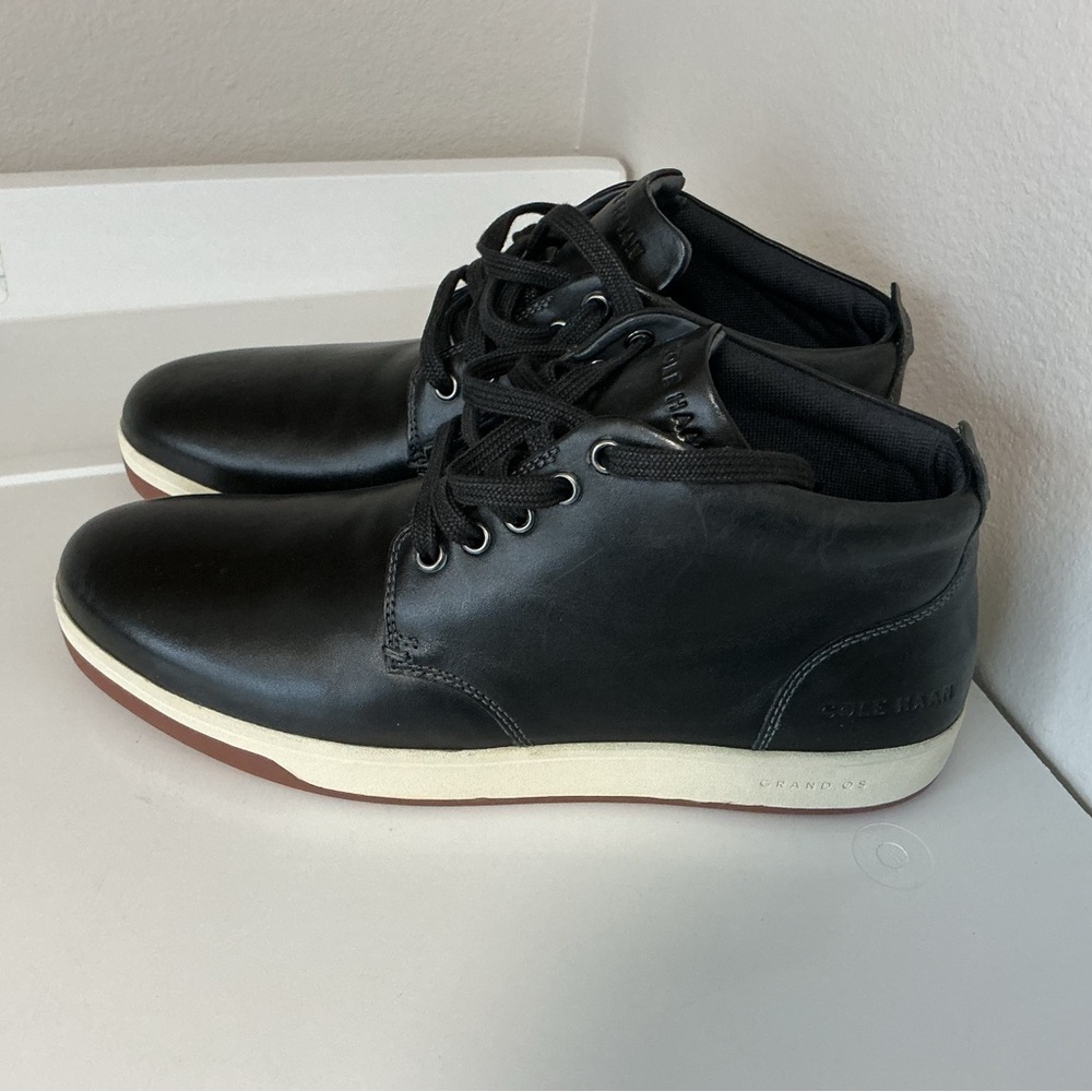 Cole Haan Black Leather Chukka Boots with Brown Outsole Trim